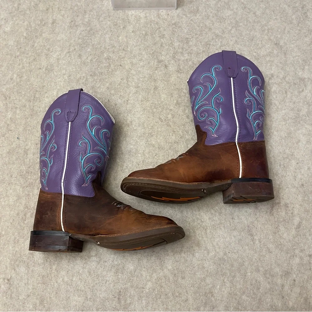 Old West Squared Toe Brown Purple Leather  Cowgirl Western Boots Girls Size 2